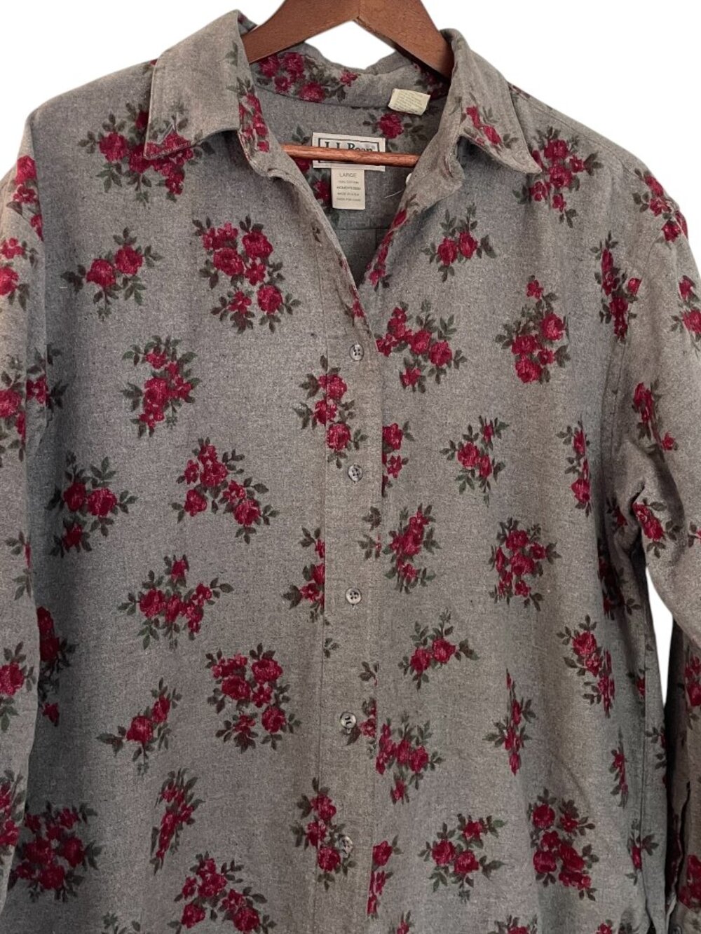 Vintage 90s LL Bean Button Down Shirt L Gray Roses Floral Chamois Flannel Top